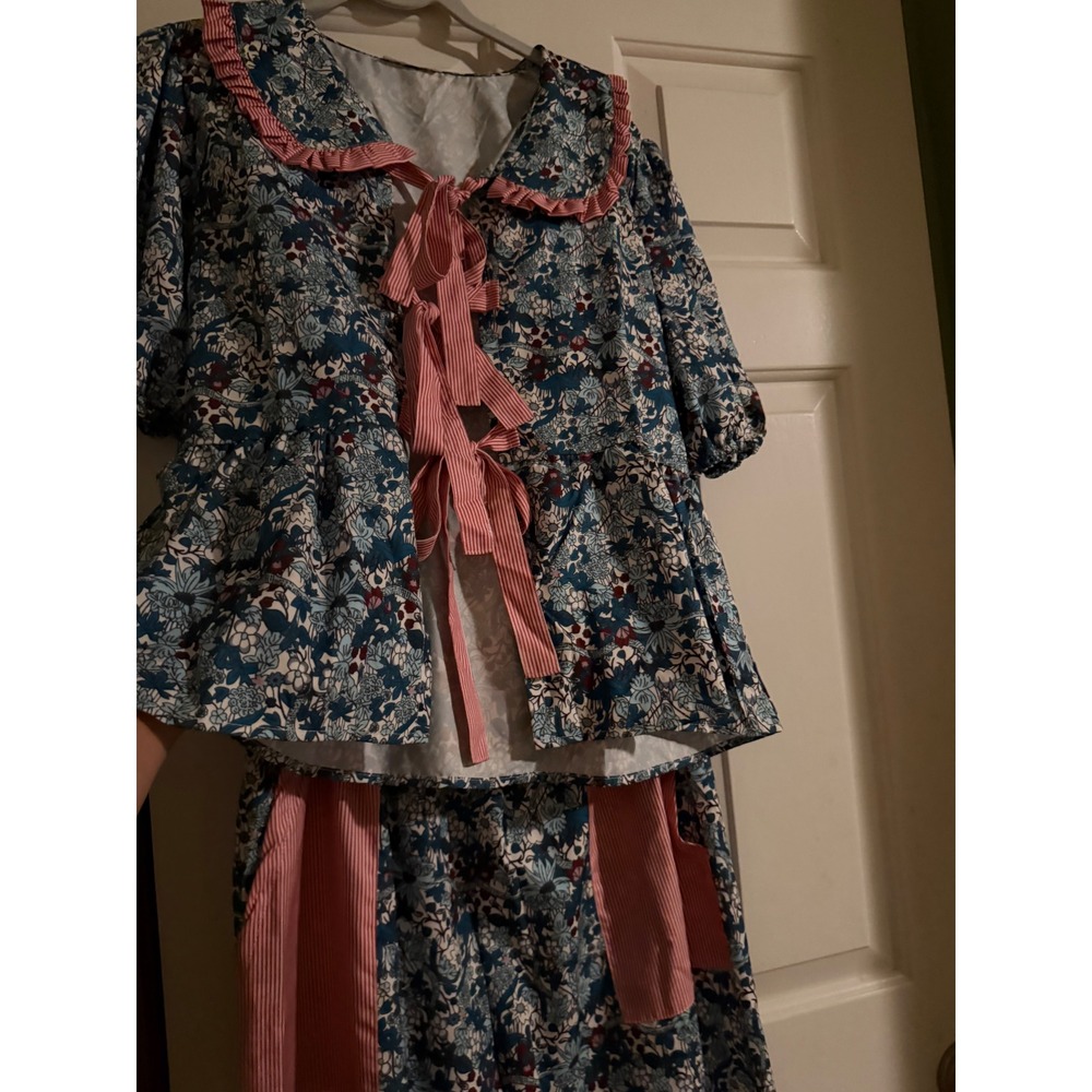 Sunday Up Womens Floral Set Blue floral w Stripe Ruffle Peter Pan Collar Large - Picture 8 of 12